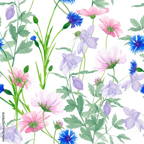 Summer colors, floral watercolor seamless pattern on white background.