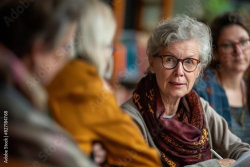 Focused mature woman with glasses participating in a lively book club discussion surrounded by fellow enthusiasts
