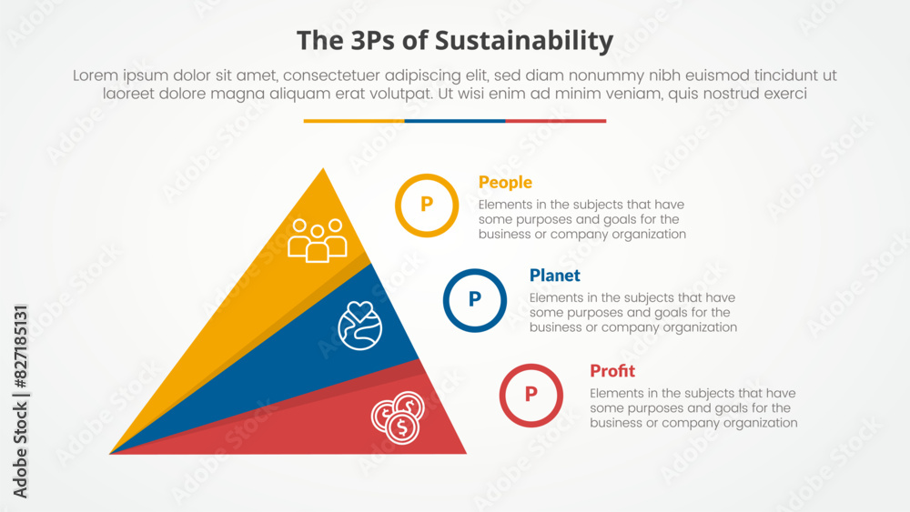 3P or 3Ps sustainability framework infographic concept for slide presentation with creative slice triangle pyramid with 3 point list with flat style