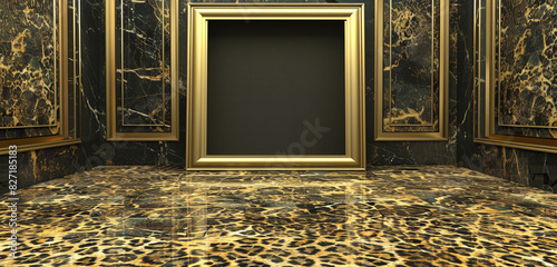 Fototapeta Naklejka Na Ścianę i Meble -  Minimalist art space featuring a 3D empty frame on a striking Leopard marble floor.
