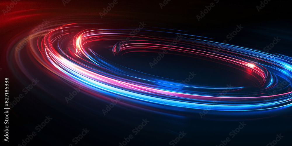 Futuristic light trails in a dynamic circular motion with vibrant red and blue colors against a dark background creating a sense of speed and energy
