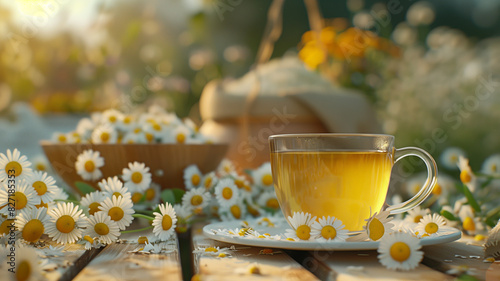 Chamomile tea in a transparent mug with natural small chamomile flowers photo