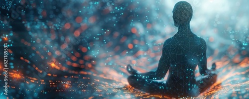Holographic man meditating, digital data streams flowing around him, blending spirituality and technology, Cyberpunk, Digital