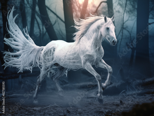 A Pegasus With A Semi-transparent Body Revealing Its Skeleton  Howling At The Moon In A Dense  Eerie Forest On A Clean Pastel Light And White Isolated Background
