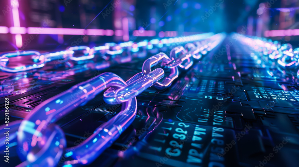 Abstract futuristic image of blockchain symbolized on long neon chains in a technological environment. Concept of technology, protection. Copy space. Abstract futuristic image of blockchain symbolized on long neon chains in a technological environment. Concept of technology, protection. Copy space.