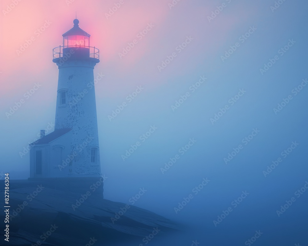 Illuminate the serene rear view of a coastal lighthouse enveloped in mist with soft