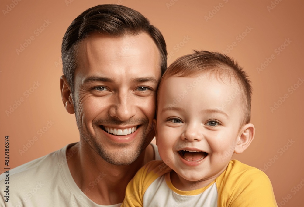 isolated close-up portrait of happy Caucasian father with little son on Orange background for banner design, website, promo materials. Happy Father's day concept isolated close-up portrait of happy Caucasian father with little son on Orange background for banner design, website, promo materials. Happy Father's day concept
