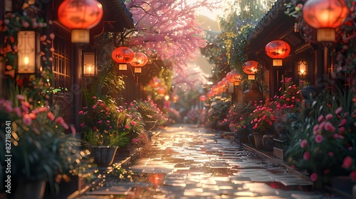 A serene garden scene with pink flowers and softly glowing lanterns