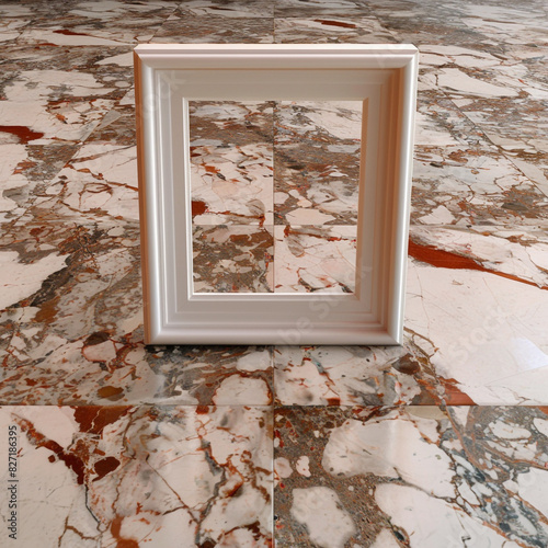 Minimalist gallery featuring a 3D empty frame on a unique Cremo Delicato marble floor. photo