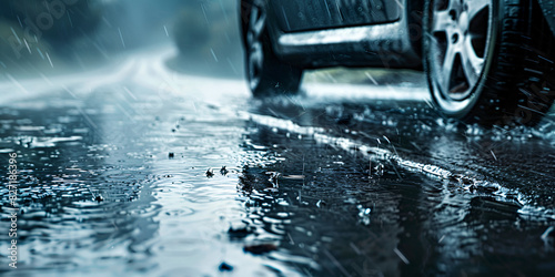 Sleek car under a dynamic spray of water on a wet urban road