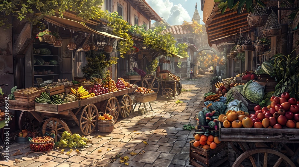 Charming street market scene with fresh produce on rustic carts ...