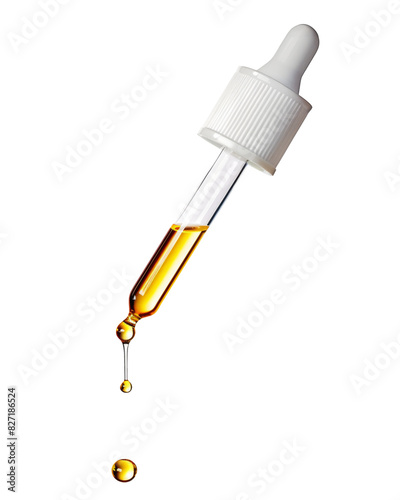 Yellow essential serum oil dripping from gold dropper isolated on white background. Clipping path. photo