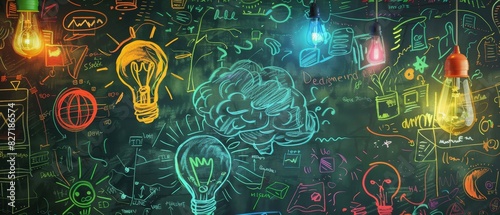 Illustrate a chalkboard wall covered in vibrant, colorful brainstorming ideas and doodles in a digital medium photo