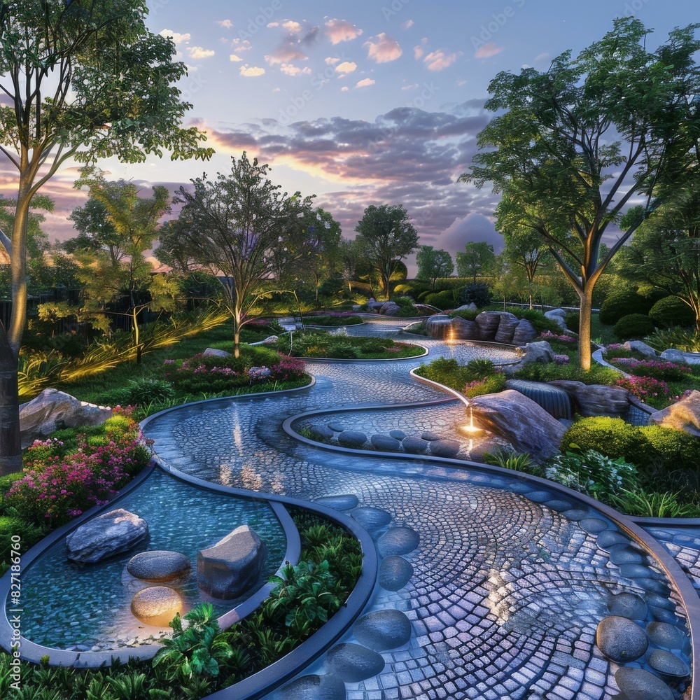 Landscaping Design Rendering: Modern Garden with Water Feature Stock ...