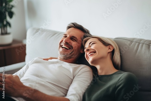 Cheerful husband and wife lying and relaxing on the sofa at home. They are both laughing and enjoying themselve photo