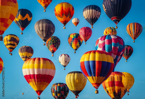 Landscape with many hot air balloons in the air photo