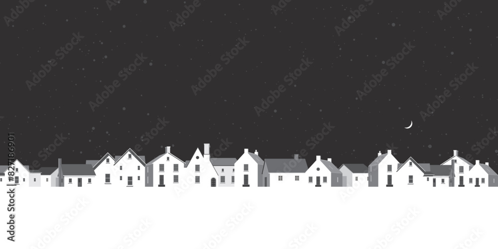 Minimalist landscape with small town geometric shape at night monochromatic flat design illustrated have blank space.
