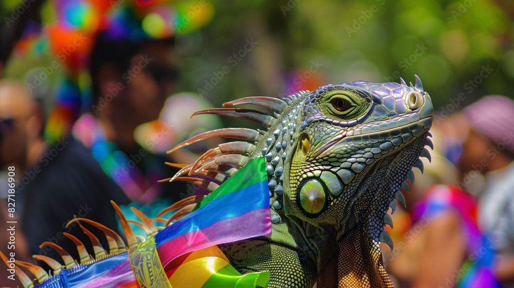 Obraz premium Iguanas wear rainbow sashes and sashes in Pride parades with other humans In brightly colored costumes, celebrations are all around. Focusing on its face