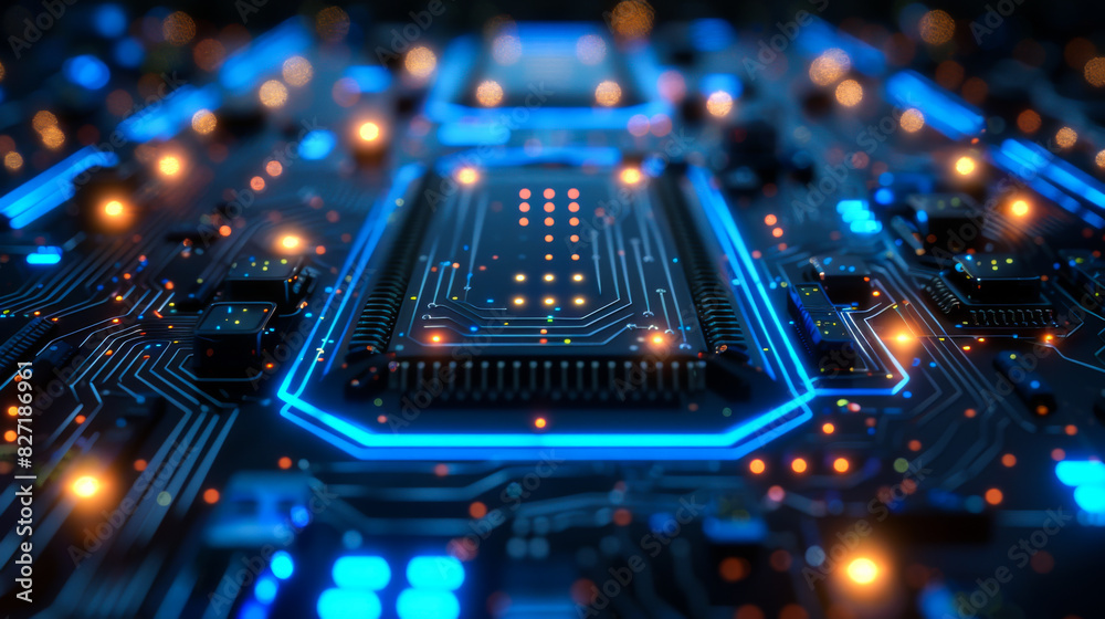 Obraz premium Modern built-in chip with blue-blue backlight. Technology concept.