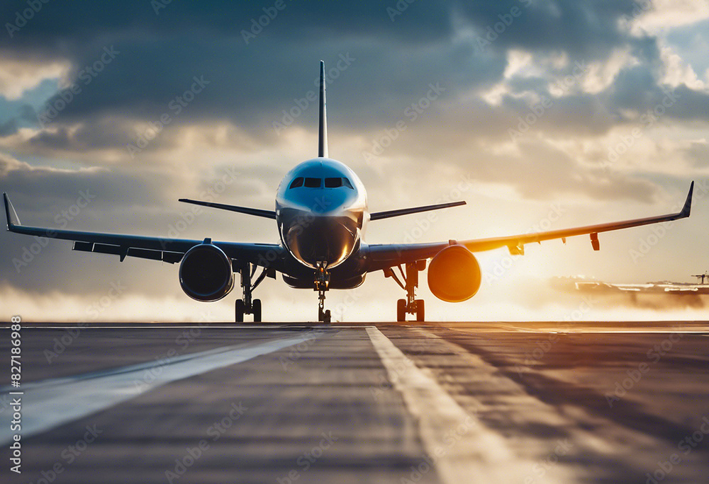 Naklejka premium Close-up with a plane running on the runway seen from the front