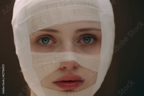 close-up of a young woman's face wrapped with a bandage