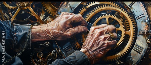 Close-up of elderly hands adjusting intricate gears and clockwork, symbolizing craftsmanship, precision, and the passage of time.