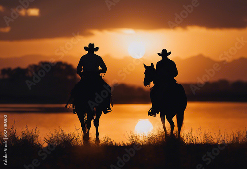 Landscape with the silhouette of cowboy men riding horses in the evening