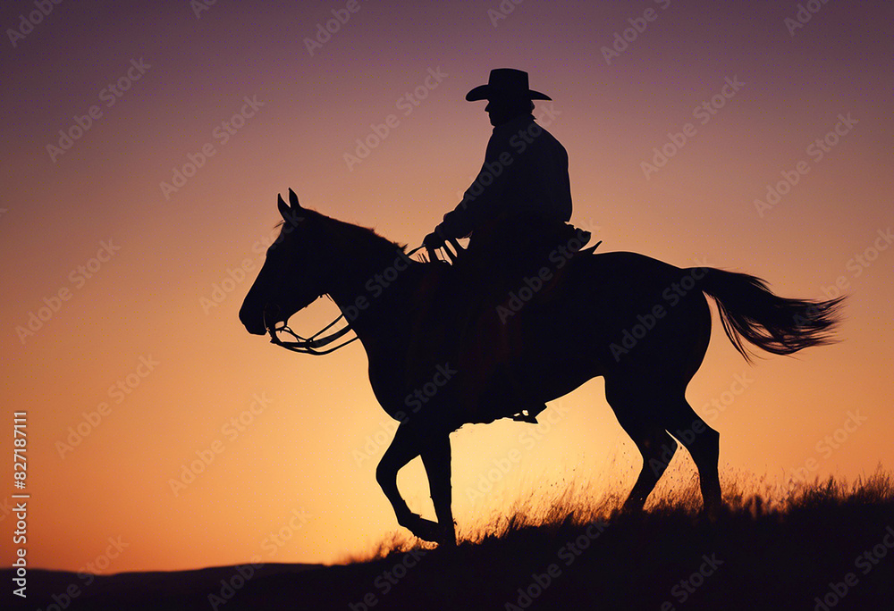 Landscape with the silhouette of a cowboy man riding a horse in the evening Landscape with the silhouette of a cowboy man riding a horse in the evening