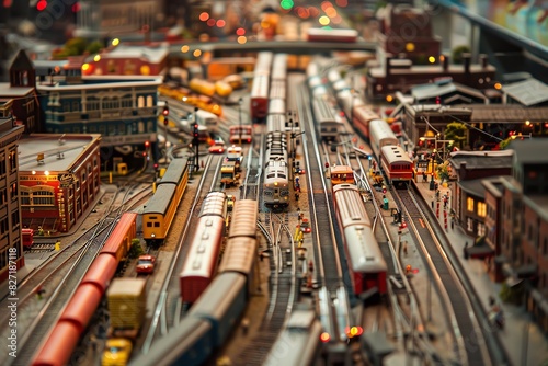 Colorful miniature train set diorama featuring multiple trains, tracks, and tiny buildings, showcasing intricate details and craftsmanship.