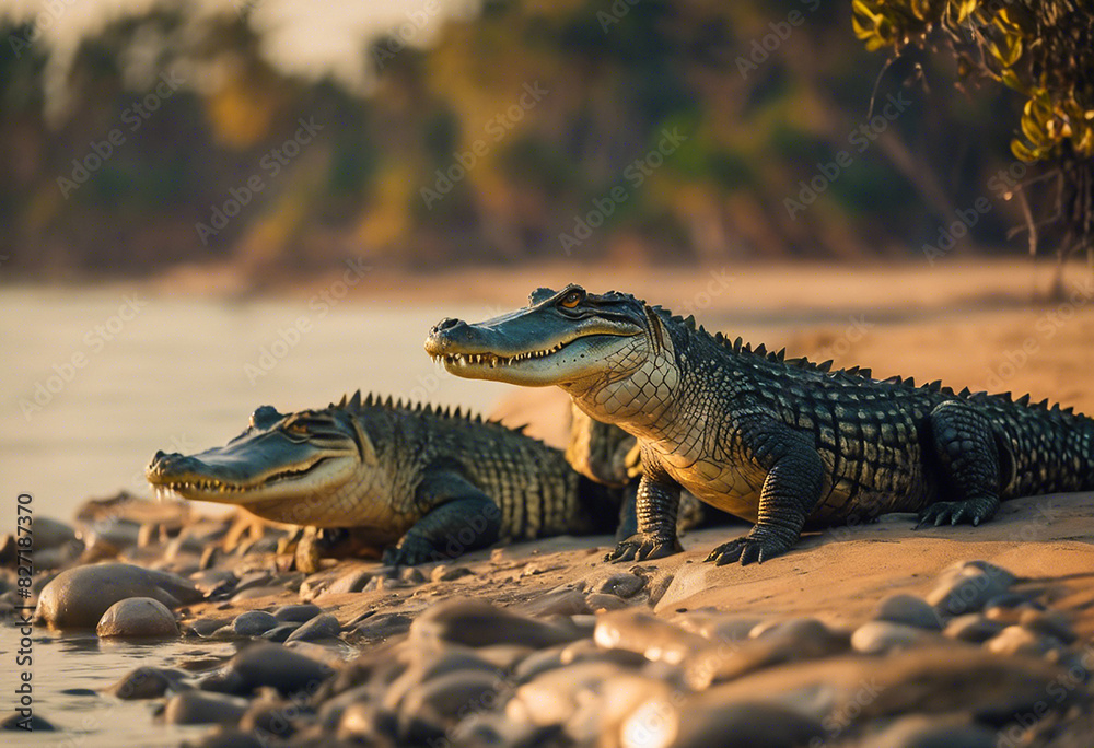 Naklejka premium Close-up with a group of many crocodiles on the shore