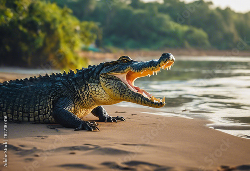A crocodile with its mouth open ready to attack photo