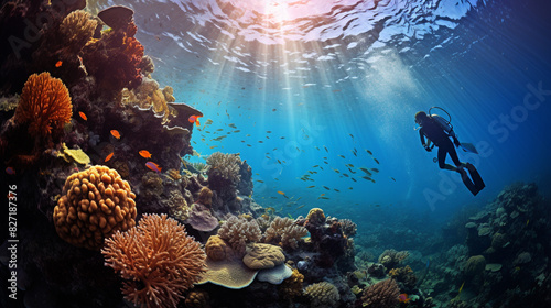 A vibrant HDR image of a scuba diver exploring a colorful coral reef, with sunbeams filtering through the water and highlighting the diverse marine life.