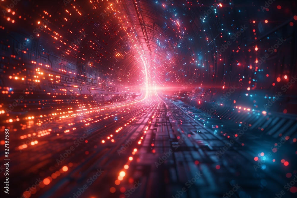 A futuristic tunnel illuminated by vibrant red and blue lights, creating a dynamic and abstract technological scene. A futuristic tunnel illuminated by vibrant red and blue lights, creating a dynamic and abstract technological scene.