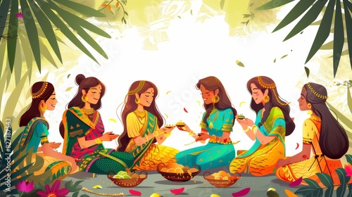 A joyous gathering of women applying mehndi and preparing for Teej celebrations Cartoon style illustration vector photo