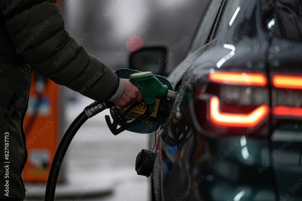 Closeup photo of a person pumping gas into their car at a fuel station, showcasing a routine task in everyday life