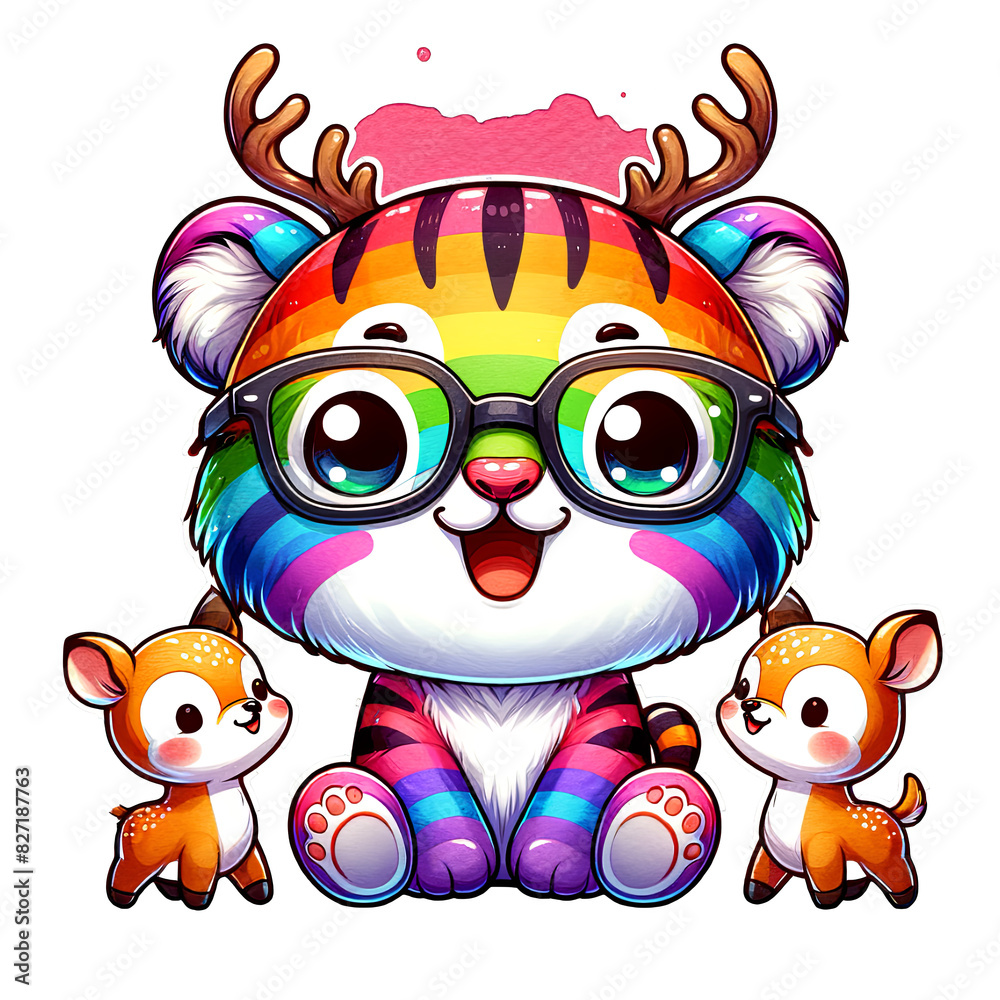Fototapeta premium cute rainbow color tiger with cute little deer transparent PNG sublimation