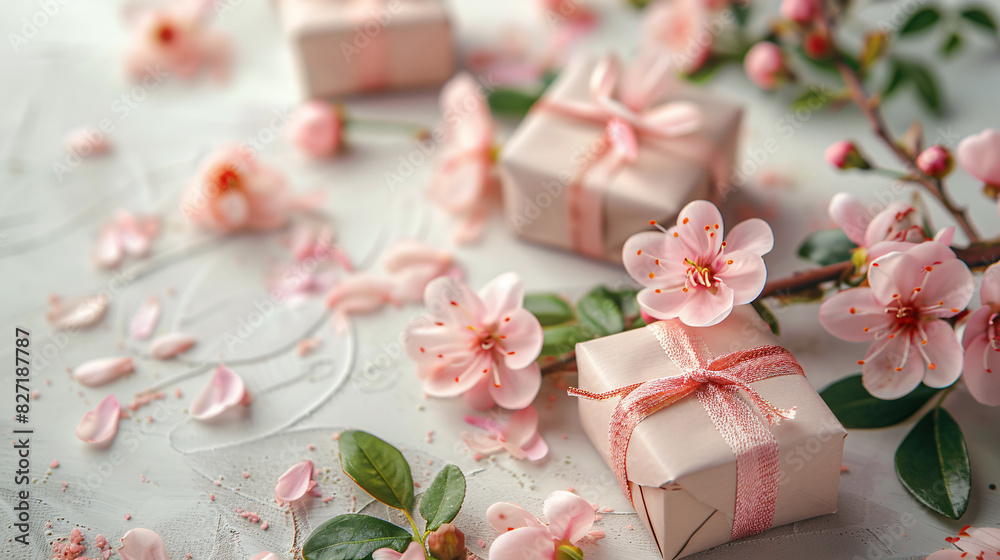 Spring-themed gift boxes and flowers on a light background Spring-themed gift boxes and flowers on a light background