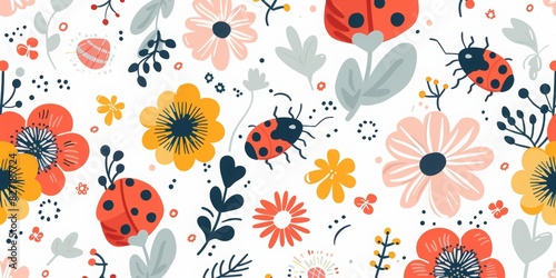 graphic seamless pattern of cute ladybugs and flowers in retro colors, simple shapes, colorful, flat vector graphics on a white background