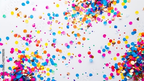 Vibrant birthday confetti scattered on a bright white surface  adding a playful and celebratory atmosphere to the scene.