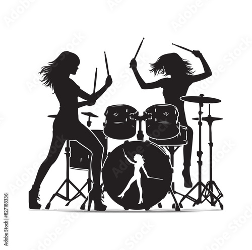A drummer musician drumming drums in detailed silhouette