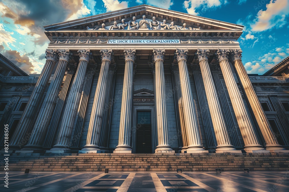 Fototapeta premium Majestic building with classical columns under a dramatic sky, showcasing architectural grandeur and historic significance.