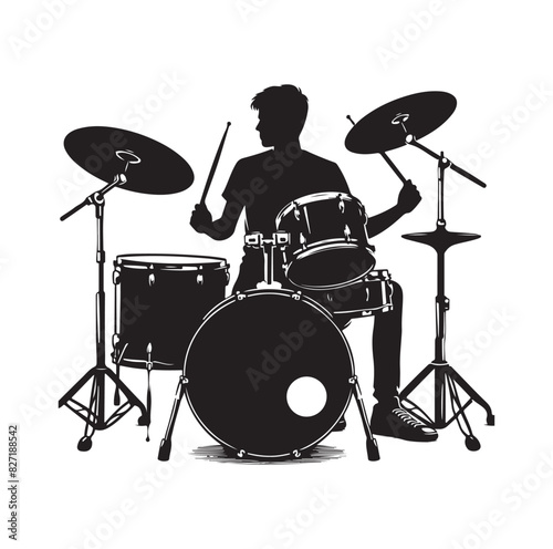 A drummer musician drumming drums in detailed silhouette