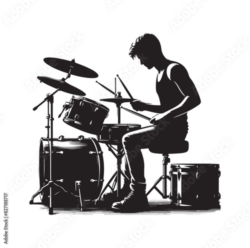 A drummer musician drumming drums in detailed silhouette