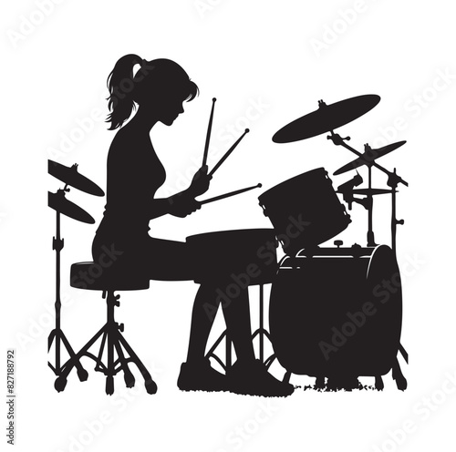 A drummer musician drumming drums in detailed silhouette