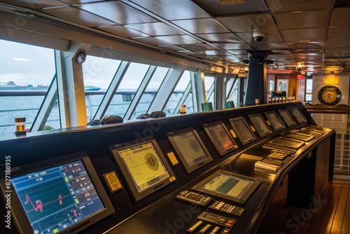 Detailed view of a cruise ship's bridge with navigation equipment illuminated, showing the control room where guests can observe photo