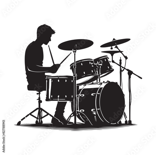 A drummer musician drumming drums in detailed silhouette