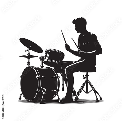 A drummer musician drumming drums in detailed silhouette