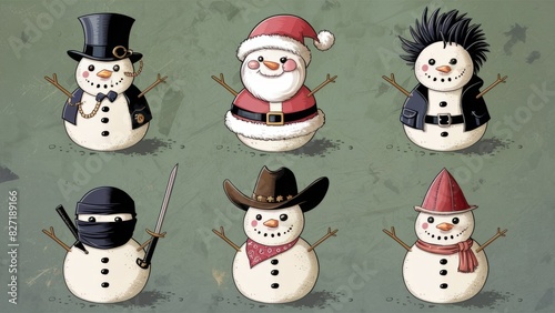 Eclectic Snowmen Characters Collection. Illustration of snowmen in various themed costumes including a ninja, cowboy, and Santa, on a textured background. AI-generated.  © Margo_Alexa