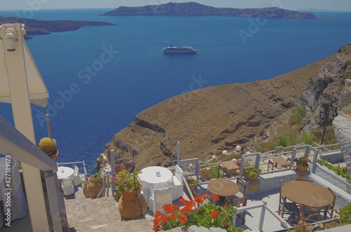 Dream holiday vacation to Greek Island Santorini during Summer Mediterranean Aegean cruising on Celestyal breathtaking nature landscape scenery photo