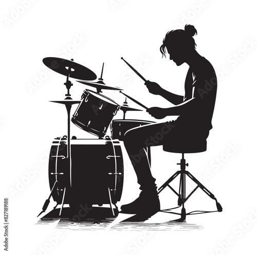 A drummer musician drumming drums in detailed silhouette
